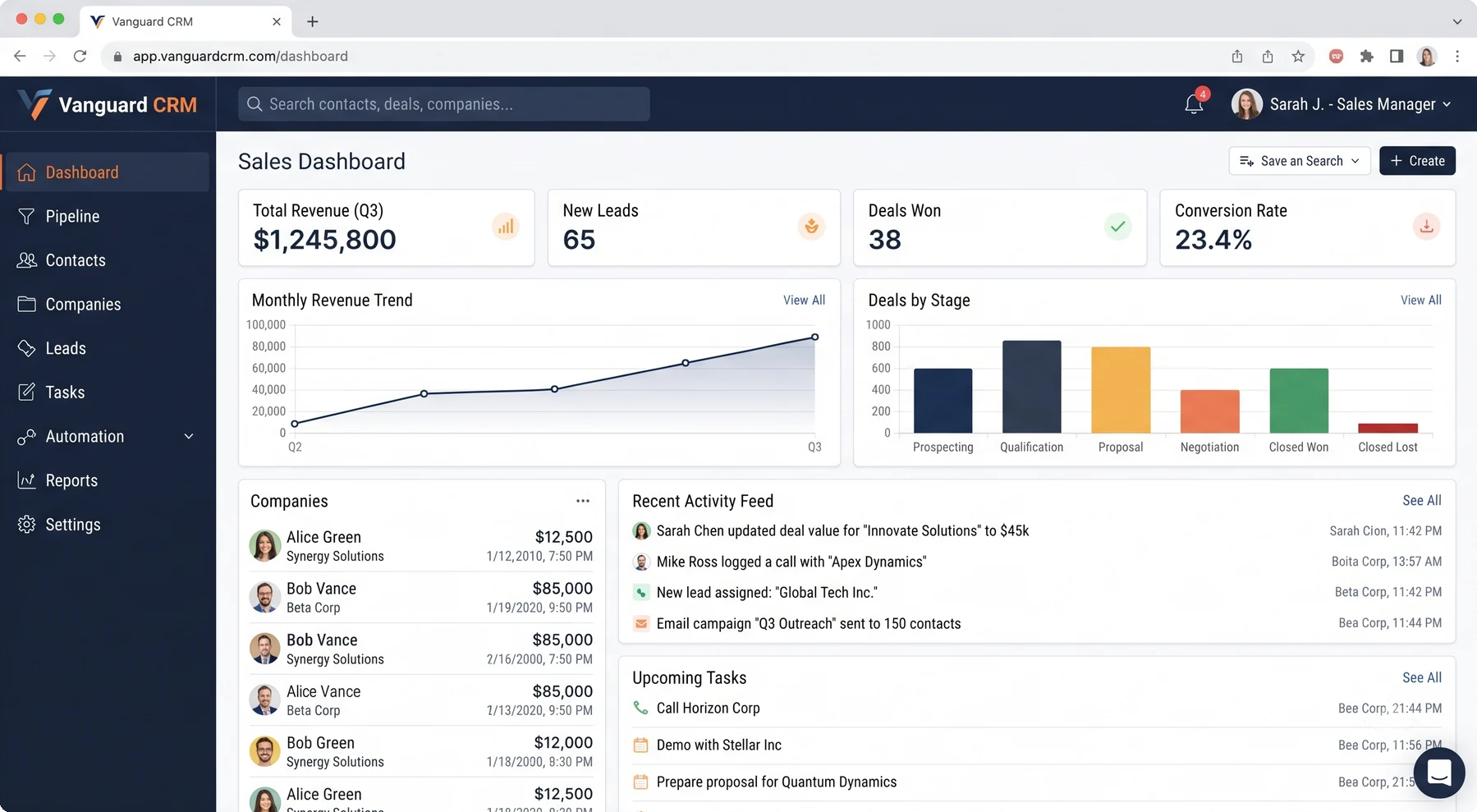 Vanguard CRM visual sales pipeline with deal stages